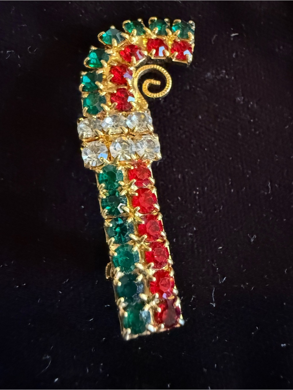 Vintage Christmas Rhinestone Candy Cane Brooch Pin Gold Tone Red Green Clear